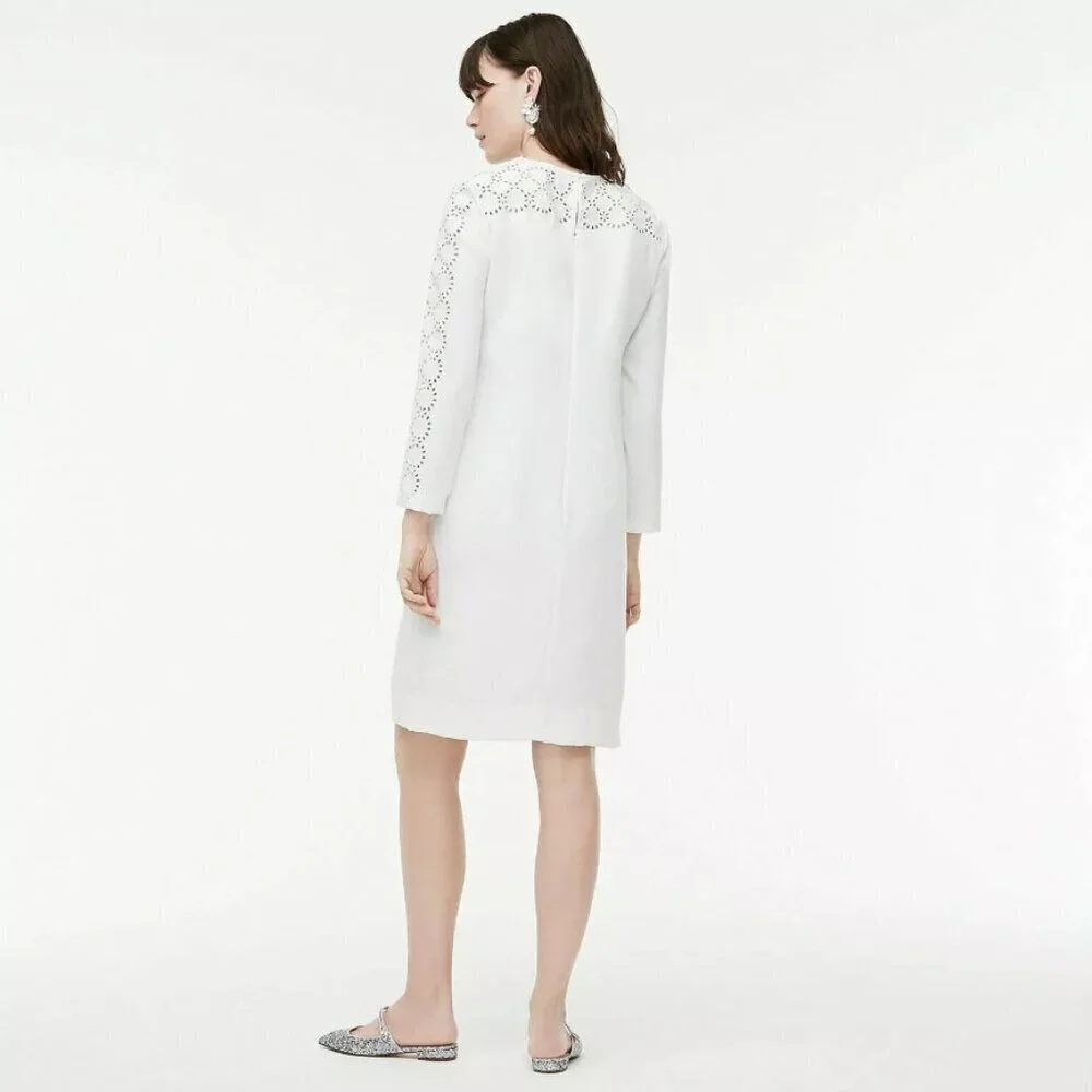 J. Crew White Laser-Cut Eyelet Lace Long Sleeve Shift Dress in 365 Crepe Size 14